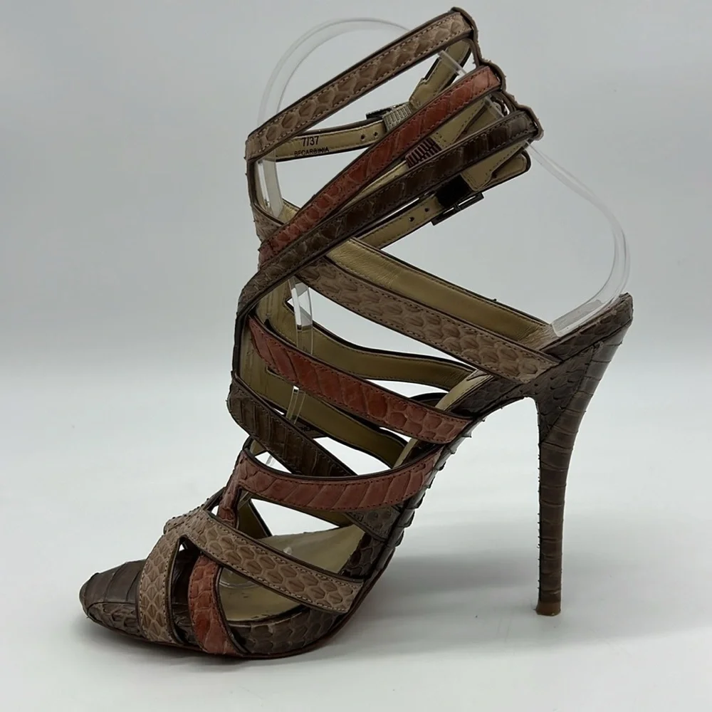 Brian Atwood Women US 7 EU 37 brown snakeskin strappy heeled sandals side buckle